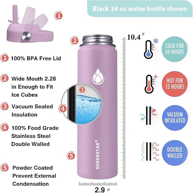 SENDESTAR Water Bottle Insulated Water Bottle 24 oz with Straw Lid Spout Lid Auto Flip Straw Top Cap for men and women