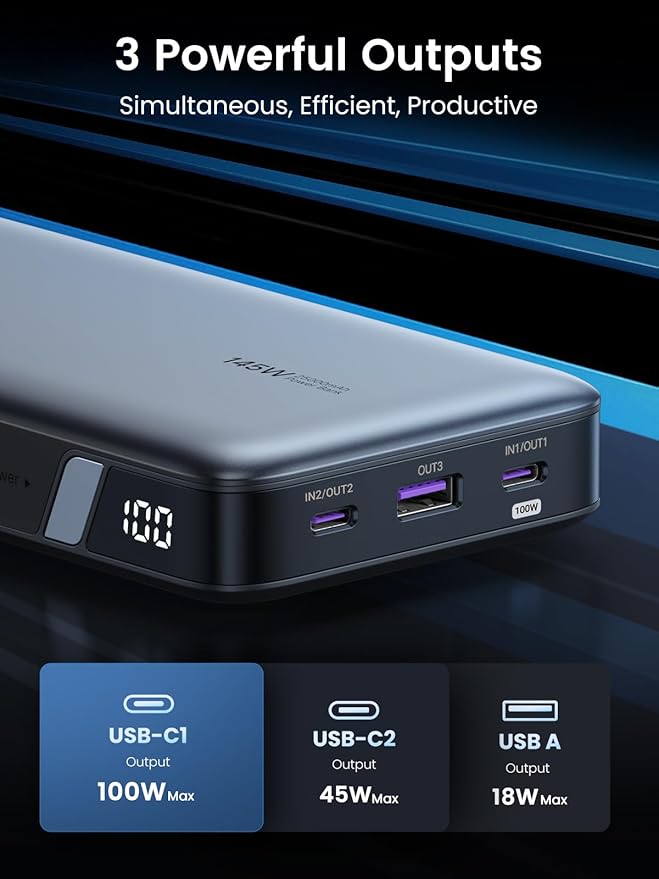 UGREEN Power Bank 25,000mAh 145W Laptop Portable Charger, Nexode 3-Port USB C PD Battery Pack, for MacBook Pro/Air, Dell XPS, iPhone 17/16/15/14, Galaxy S24, Steam Deck, iPad, and More