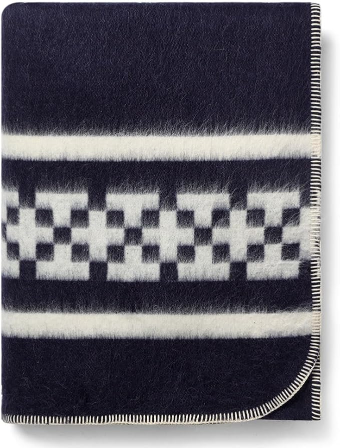 Inca Wall - Thick Alpaca Wool Blanket Heavyweight Camping Outdoors Indoors Soft Peru Twin Size Ethnic Design (Navy Blue/Ivory, Twin Size)