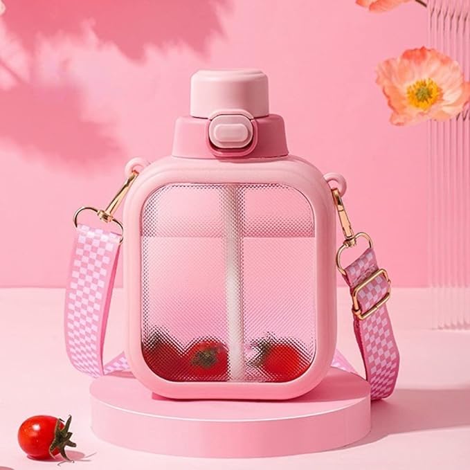 24 Oz Square Transparent Water Bottle, Cute Portable Travel Canteen with Adjustable Strap 700ml (Pink)