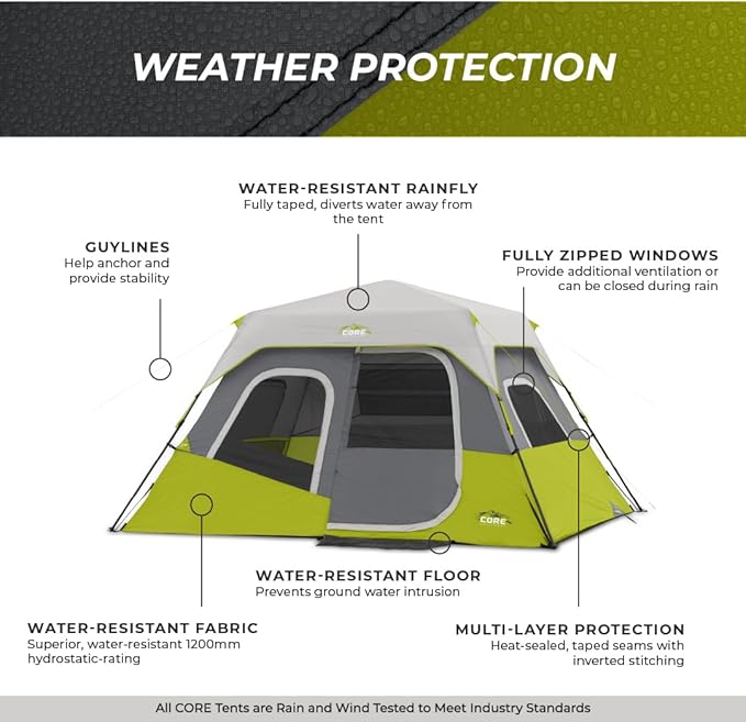 CORE Instant Cabin Tents | 6 Person / 9 Person / 10 Person / 12 Person Family Cabin Multi Room Pop Up Tents Car Camping | Included Storage Pockets for Camping Accessories