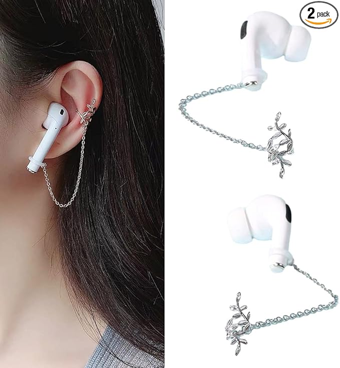 ZOSTLAND 1 Pair Creative Earphone Anti Lost Earring Clip Earclip Strap Wireless Earhook Earbud Ear Bud Holder Connector Compatible with Airpods 1/2/Pro/3 Beats Fit Pro Sony (Sliver Leaf)