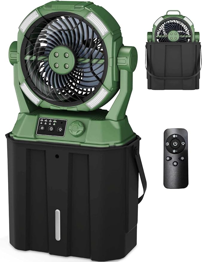 Misting Fan Portable 42800mAh Rechargeable with Remote Control, Mist Fan with 3 LED Light & Stepless Speed Control & Cooling Spray with 6L Bucket, Timer Function, Portable Handle, Rotate Hanging Hook