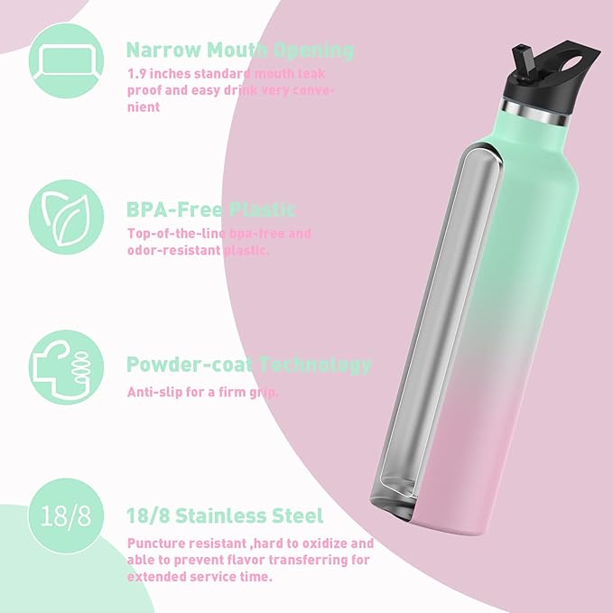 Stainless Steel Double Wall Water Bottles, Vacuum Insulated Bottle With Straw Lid, Insulated Water Bottle Keeps Water Cold for 24 Hours, Hot for 12 Hours, Hiking, Sports