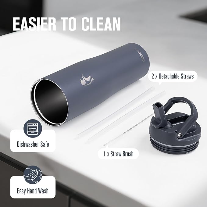 Coolflask Water Bottle 40 oz Fits Car Cup Holder, Slim Tumbler Stainless Steel with Straw & Handle, Vacuum Flask Leakproof Wide Mouth for Travel Sports Gym, Grey