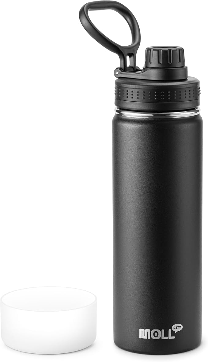Insulated Water Bottle-22 oz Stainless Steel Double Wall Vacuum Wide Mouth Sports Water Bottle with Spout Lid-Metal Leak Proof Water Flask for Travel (Black)