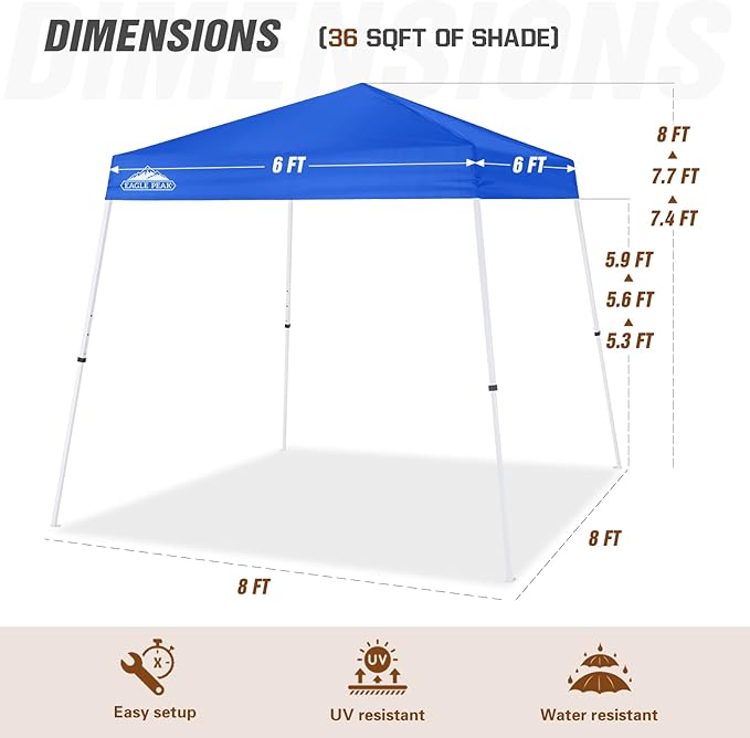 EAGLE PEAK 8x8 Slant Leg Pop-up Canopy Tent Easy One Person Setup Instant Outdoor Beach Canopy Folding Portable Sports Shelter 8x8 Base 6x6 Top (Blue)
