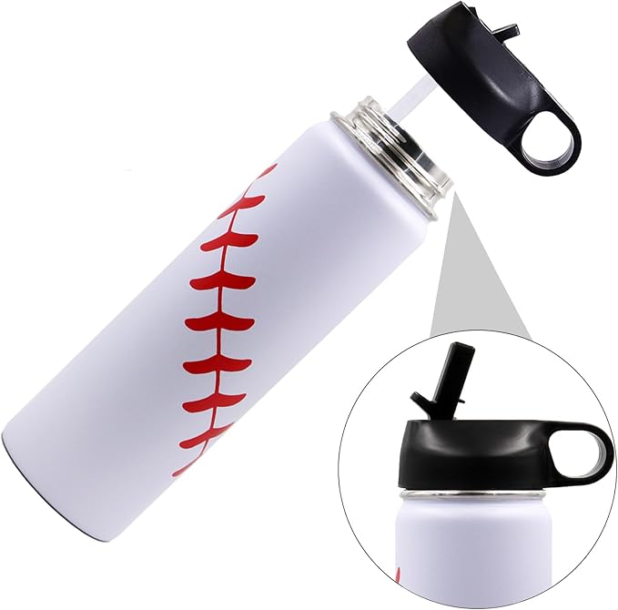 22 oz Baseball Water Bottle, Sports Cup Flask Metal Travel Mug with 2 Lids, Stainless Steel Double Wall Vacuum Insulated Leak Proof Water Bottles, Baseball Accessories Gifts for Mom Men Fan Boys Girls