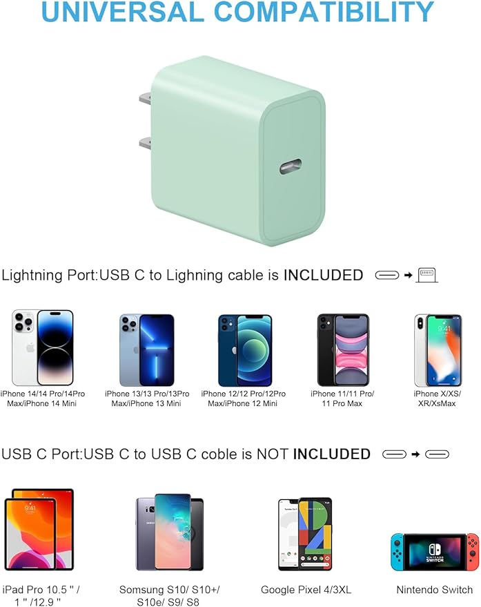 10FT iPhone 14 13 12 Charger Fast Charging 20W PD USB C Wall Charger with 10FT Fast Charging Cable Compatible iPhone 14/13/12/11/Pro/Pro Max/Mini/Xs Max/XR/X, iPad - Green