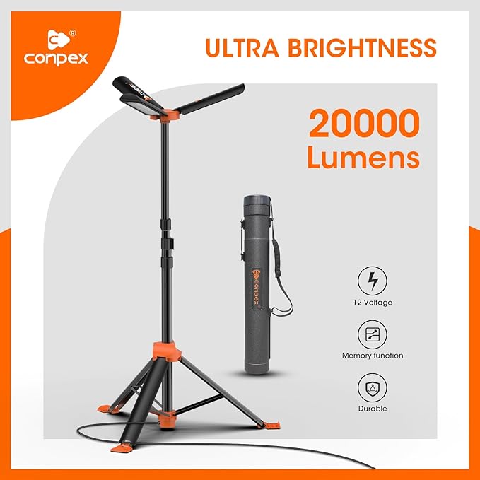 Camping Light, Large Area Lighting Floodlight, Max 118In Tall, 20000 Lumens, Suitable for Outdoor Activities, Telescopic Light with Tripod Work Light