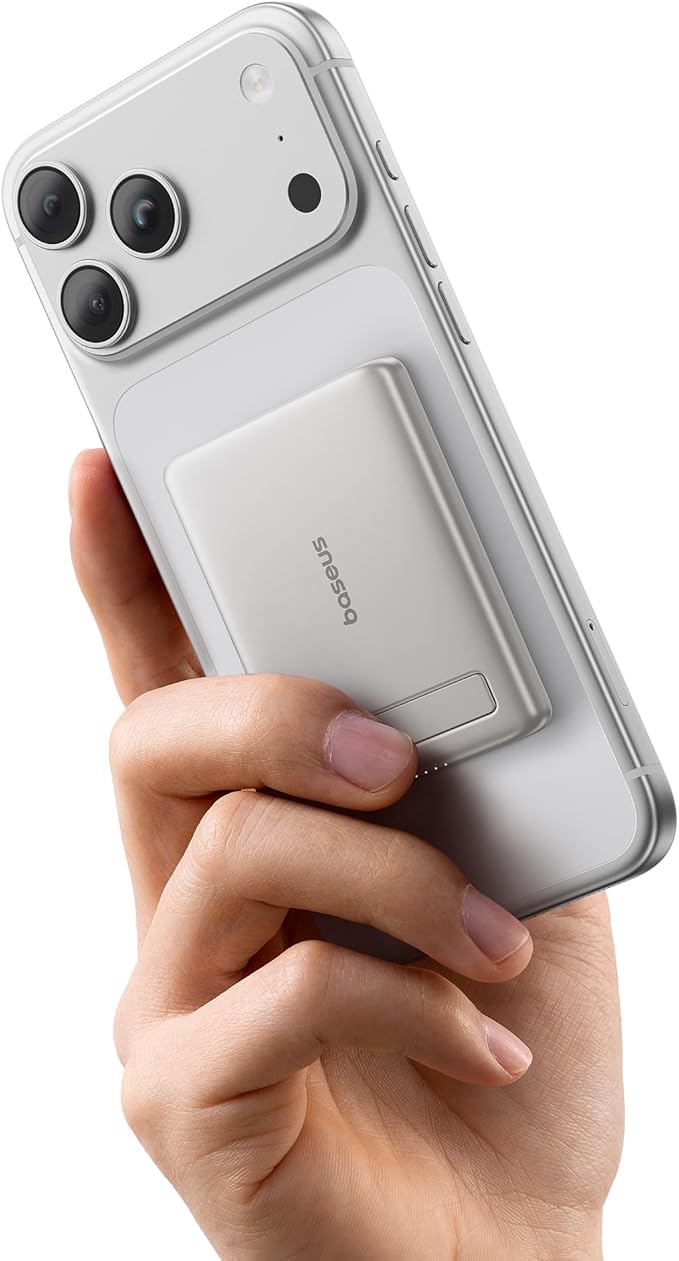 Baseus Picogo Power Bank, Smallest Qi2 Certified 15W MagSafe Portable Charger, 0.5" Ultra Slim 5000mAh Magnetic Battery Pack with Stand, Alloy Wireless Charger for iPhone 17 Pro Max/17 Air/16 Series