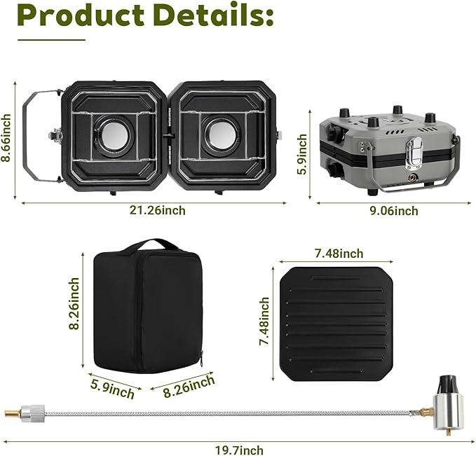 Portable 2 Burner Camping Stove with Handle, 16,000 BTU Foldable Propane Camping Stove with Grill and Carry Bag, Adjustable Burners&Flame-out Protection, Portable Camp Stove for BBQ, Tailgating, Grey