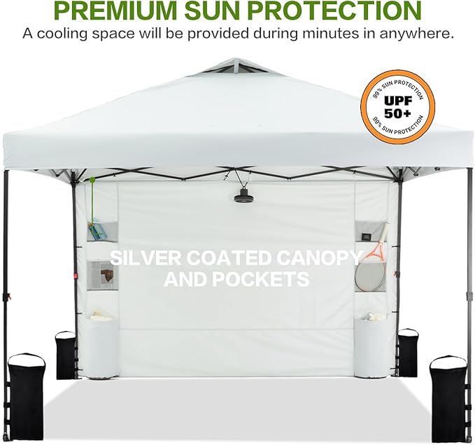 12'x12' Pop Up Canopy Tent with 1 Sidewall and 6 Pockets, One Push Setup, Instant Shade Tent with Vented Roof for Beach Patio Outdoor, Case, 8 Stakes, 4 Ropes, 4 Sandbags (White, 12x12)