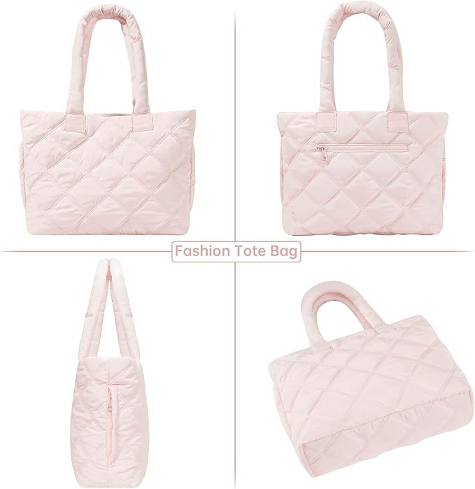Puffer Tote Bag for Women, Quilted Bag with Zipper, Small Tote HandBags for Work, Travel