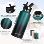 Water Bottle Insulated 32oz 40oz 64oz 128oz Straw Lid Spout Lid & 3 Lids, Leak Proof, Vacuum Insulated,Stainless Steel Water Bottle Wide Mouth for Sports, Gym or Office