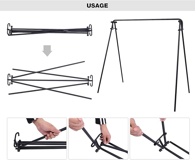 REDCAMP Swing Campfire Grill Stand - Collapsible Campfire Cooking Rack with 6 Hooks & Iron Grill Grate, Portable Dutch Oven Hanger for Outdoor Camping, Cookware, Bonfire, Rectangle