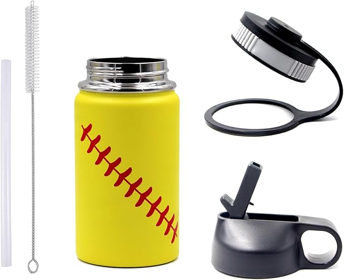 12 oz Softball Water Bottle, Sports Cup Flask Metal Travel Mug with 2 Lids, Stainless Steel Double Wall Vacuum Insulated Leak Proof Water Bottles, Softball Accessories Stuff Gifts for Boys Girls Fans