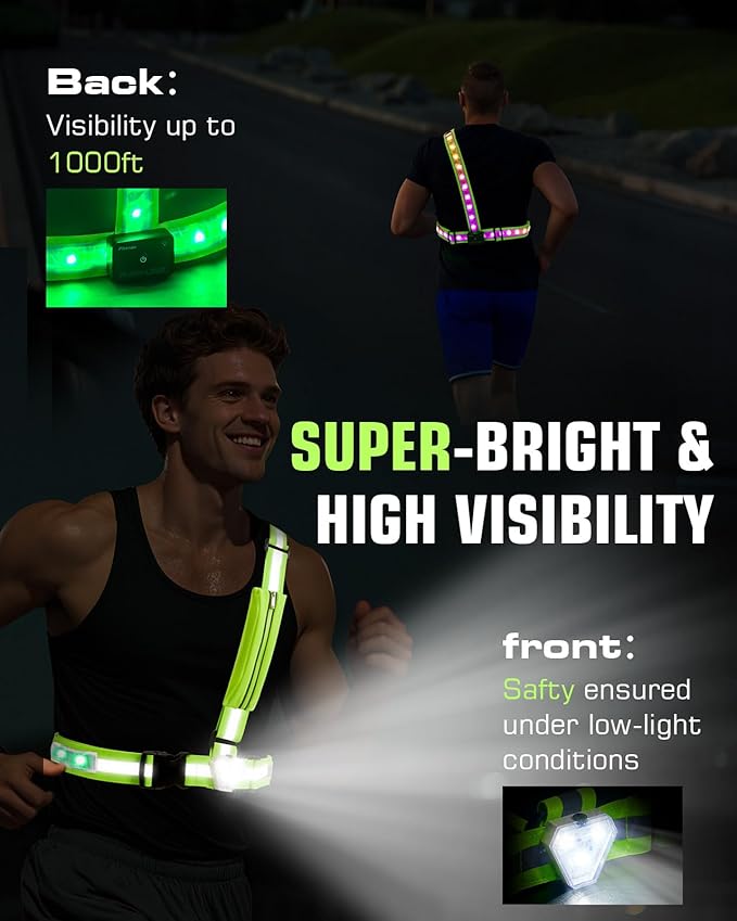 Zacro Reflective Running Vest with 9 RGB Modes, 500LM High Visibility Chest Light for Runners, Rechargeable Light Up Running Gear for Night Safety Cycling Hiking Dog Walking Adjustable for Men Women