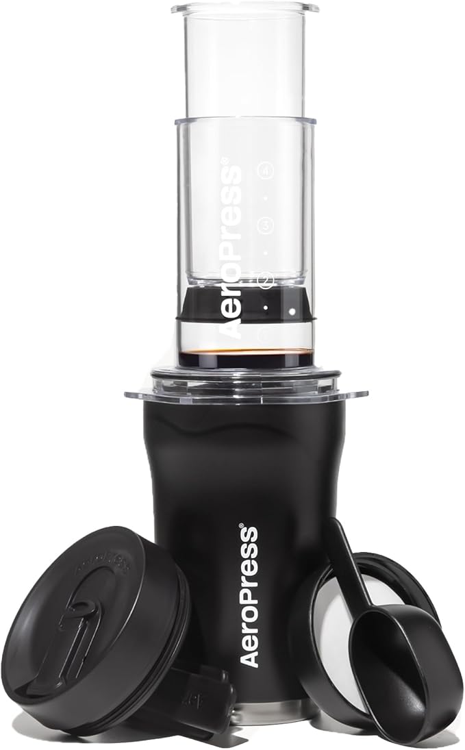 AeroPress Go Plus, Small Portable Coffee Maker Kit, Travel, Camping & Office, All-in-One French Press, Pour-Over & Espresso Style Manual Brewer, 2 Min Brew for Less Bitterness, More Flavor, Black