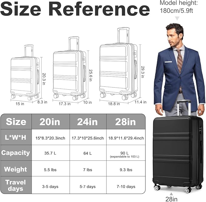 Kono 28 Inch Luggage Expandable Suitcase Lightweight with Spinner Wheels TSA Lock Hardside Large Checked Luggage Durable Rolling Suitcase Black