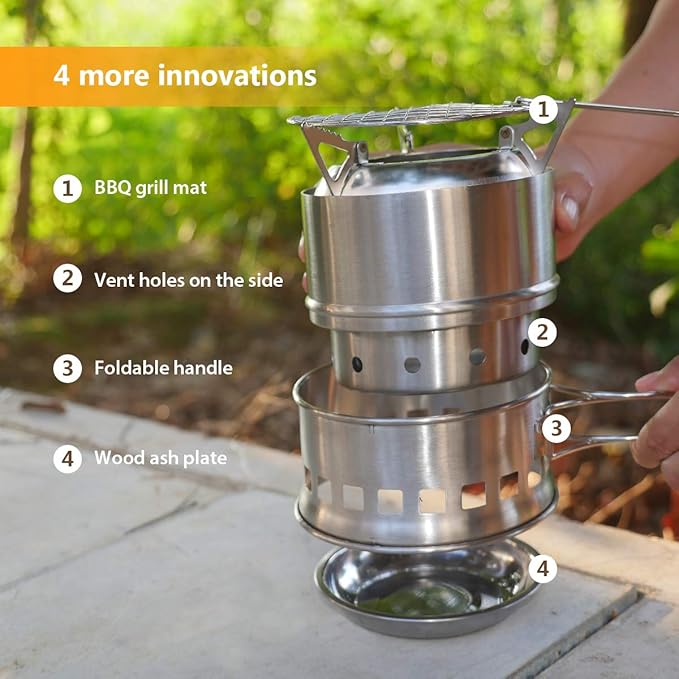 TOMSHOO Portable Folding Windproof Wood Burning Stove Compact Stainless Steel Alcohol Stove Outdoor Camping Hiking Backpacking Picnic BBQ