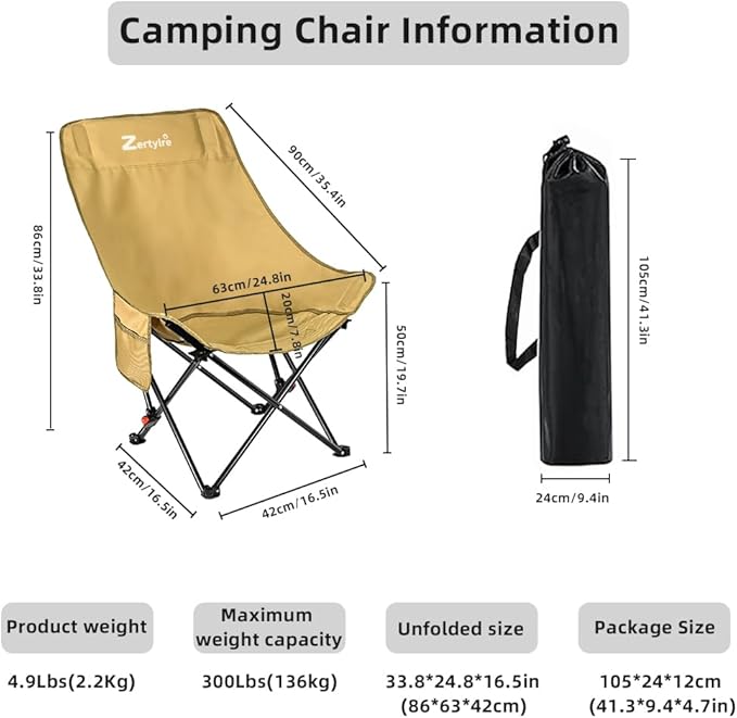 Camping Chair for Adults, Portable Adjustable Folding Chairs Set with Side Pockets for Outdoors Fishing, Hiking, Backpacking, Picnic, Beach, Travel, Supports to 300lbs, & Storage Bags (Khaki)