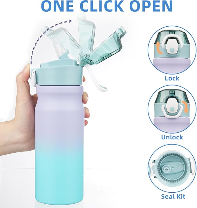 BJPKPK Water Bottle With Straw 18oz Insulated Water Bottles Reusable Stainless Steel Metal Thermo With Leak Proof Lockable Lid And Carry Handle,Lavender Green