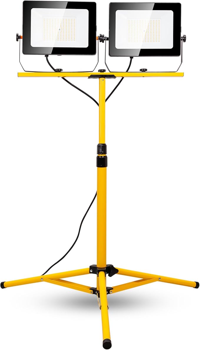 20000 Lumen Work Lights with Stand, 200W Dual Head LED Work Light, Waterproof Lamp with Individual Switch, Adjustable Metal Telescoping Tripod
