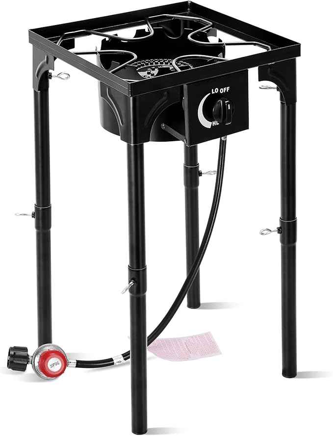 Outdoor Camping Stove, 130000 BTU, Propane Gas Cooker with Detachable Legs, High Pressure Single Burner, 30 PSI Regulator