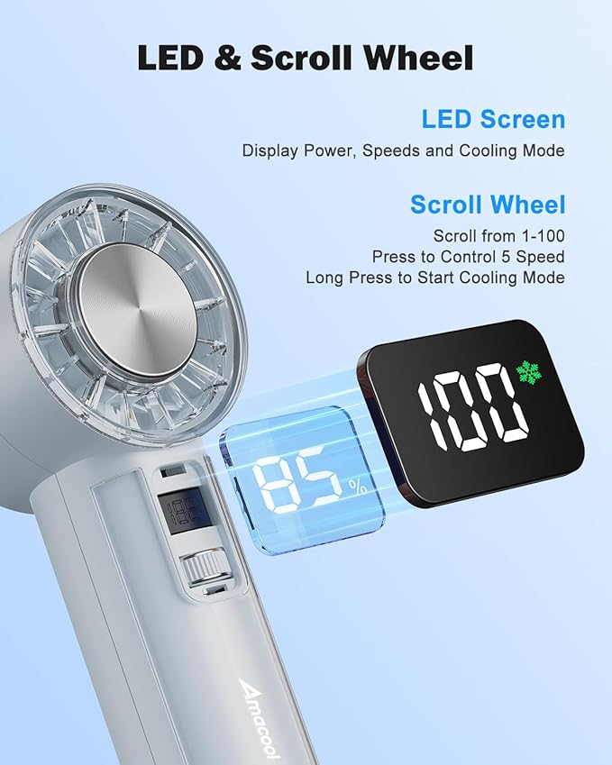 AMACOOL Handheld Fan with Ice Cooler, Mini Portable Fan Rechargeable, 18Hrs Cooling, 0-100 Adjustable Speed, Small Yet Powerful, Personal Hand Fans for Travel, Beach, Outdoor, Makeup, Gifts for Women