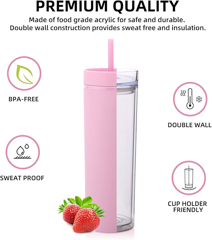 Volhoply 20oz Plastic Skinny Tumblers Bulk 10 Pack,Double Wall Tumbler with Lid and Straw,BPA Free Matte Acrylic Iced Coffee Cups with Straw,Reusable Travel Cute Mug for Party,DIY Gift(Pink, 10 Set)
