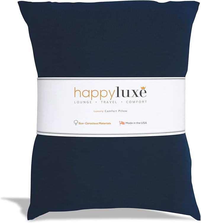 Happyluxe Odyssey Travel Pillow for Long Flights - Soft, Small, Alternative to Down and Memory Foam. 17 x 13in - Made in The USA, Navy Blue Airplane Pillow for Adults Sleeping, Camping or Nap