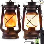Lantern LED Battery Powered Camping Lamp Outdoor Hanging Lantern Flickering Flame Rechargeable Retro Lanterns Remote Control 4 Modes Light Non-Solar 2 Pack
