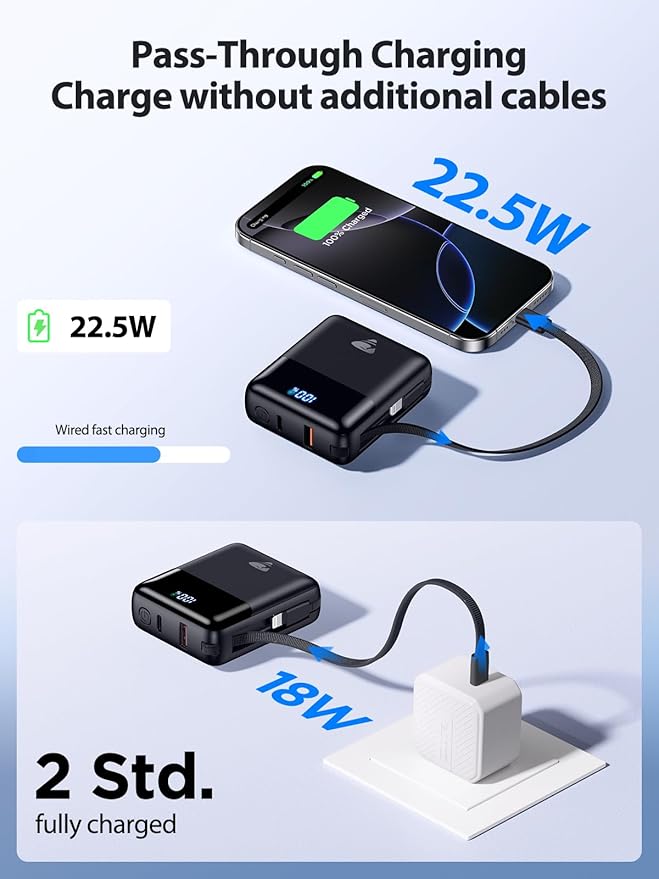 Portable Charger 10000mAh Power Bank Fast Charging, 22.5W USB C Battery Pack with Built-in Cables, Small Portable Charger Travel Essentials Power Bank for iPhone 17 16 15 14, Samsung, iPad, Android