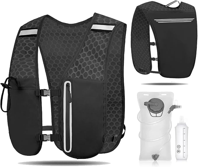 Unisex Hydration Vest Running Backpack - Adjustable Size Lightweight Trail Running Vest with 2L Bladder & 500ml Soft Flask, Mesh, Large Phone Pocket for Night Walking, Marathon(Reflective Strips)