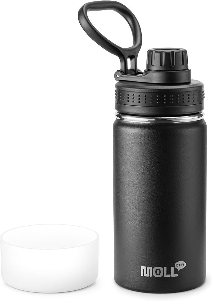 Kids Stainless Steel Water Bottle with Spout Lid-12 oz Vacuum Insulated Wide Mouth Sports Water Bottle for School, BPA Free (Black)