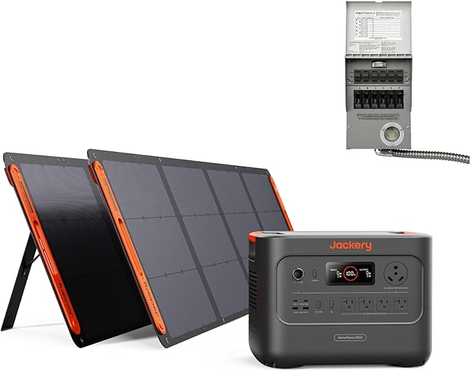 Jackery HomePower 3000 Portable Power Station and Transfer Switch with 2x 200W Solar Panels, 3600W (Surge 7200W) Output, 3072Wh LFP Battery Solar Generator for Essential Home Backup, Emergencies
