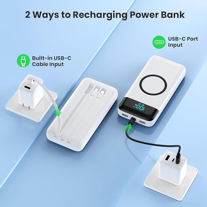 Wireless Portable Charger 40800mAh with 3 Built-in Cables,7-in-1 15W Wireless Charging Power Bank,25W PD QC 4.0 Fast Charging USB C LCD Display Battery Pack for iPhone 16/15/13,Samsung,Android-White