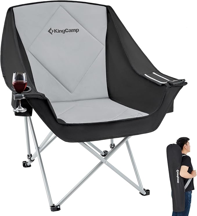 KingCamp Oversized Camping Chair, Padded Folding Couch for Adults, Heavy Duty 300lbs Large Comfortable Sofa Seat with Ice Bag Cup Holder for Outdoor Sports Backyard Patio Lawn, Black/Grey