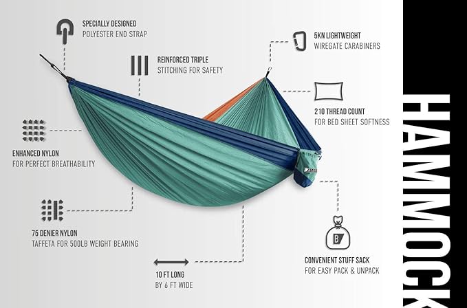 Bear Butt 2 Person Portable Hammock - Backpacking to Camping - Double Hammock for Travel & Outdoor