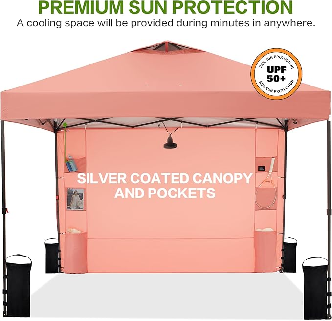 10'x10' Pop Up Canopy Tent with 1 Sidewall and 6 Pockets, One Push Setup, Instant Shade Tent with Vented Roof for Beach Patio Outdoor, Case, 8 Stakes, 4 Ropes, 4 Sandbags (Ocher, 10x10)