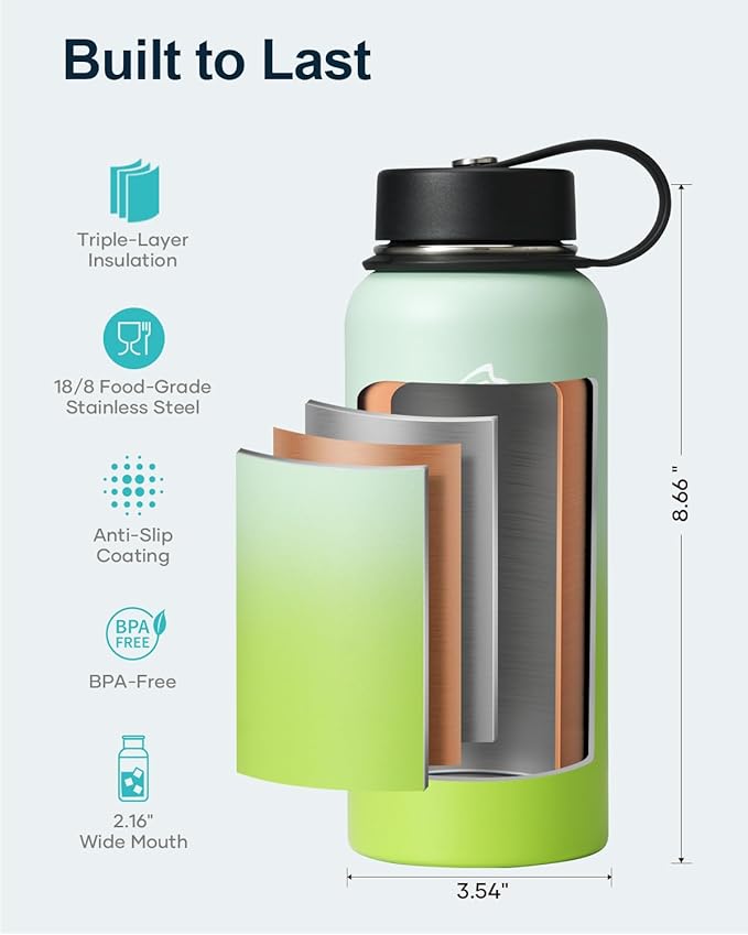 BUZIO 32oz Insulated Water Bottle, Triple Wall Vacuum Stainless Steel Water Flask with Straw Lid, BPA-Free Leakproof Sports Canteen for Sports Hiking, Cold 48H & Hot 24H- Gradient Green