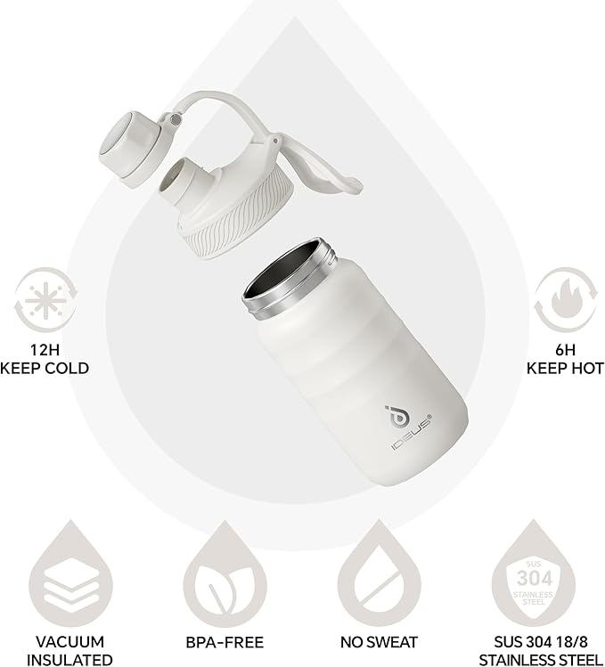 IDEUS Insulated Water Bottle 12oz, Stainless Steel Insulated Water Bottle For School, Insulated Bottles With Straws Leakproof, Vacuum Double Wall Water Bottles For Boys And Girls With 2 Lids, BPA Free