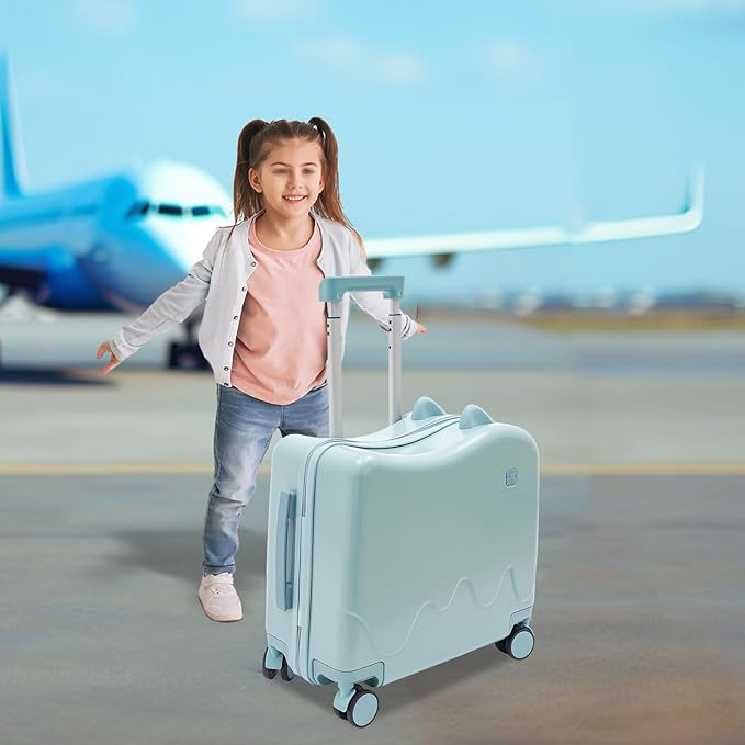 18-Inch Kids Ride-On Suitcase - Cute Lightweight Trolley Luggage with 4 Silent Spinner Wheels & Lock for Travel - Perfect for Ages 3-6 (Sky Blue)