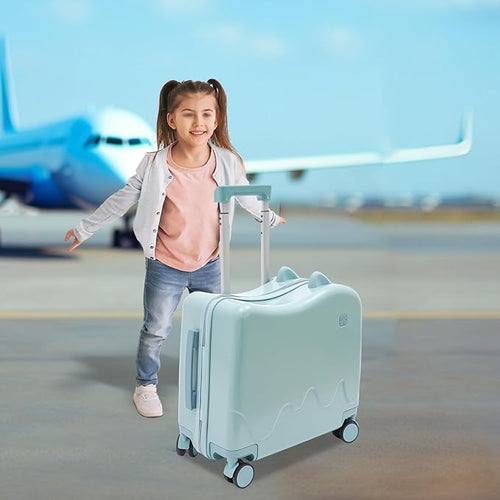 18-Inch Kids Ride-On Suitcase - Cute Lightweight Trolley Luggage with 4 Silent Spinner Wheels & Lock for Travel - Perfect for Ages 3-6 (Sky Blue)