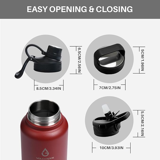 Insulated Sports Water Bottle with Straw Lid Dustproof, 3 Lids, 24/32/40/64 oz Dishwasher Safe & BPA Free Double Wall Stainless Steel Water bottle, Leakproof & Sweat Free -32 Oz Brick Red