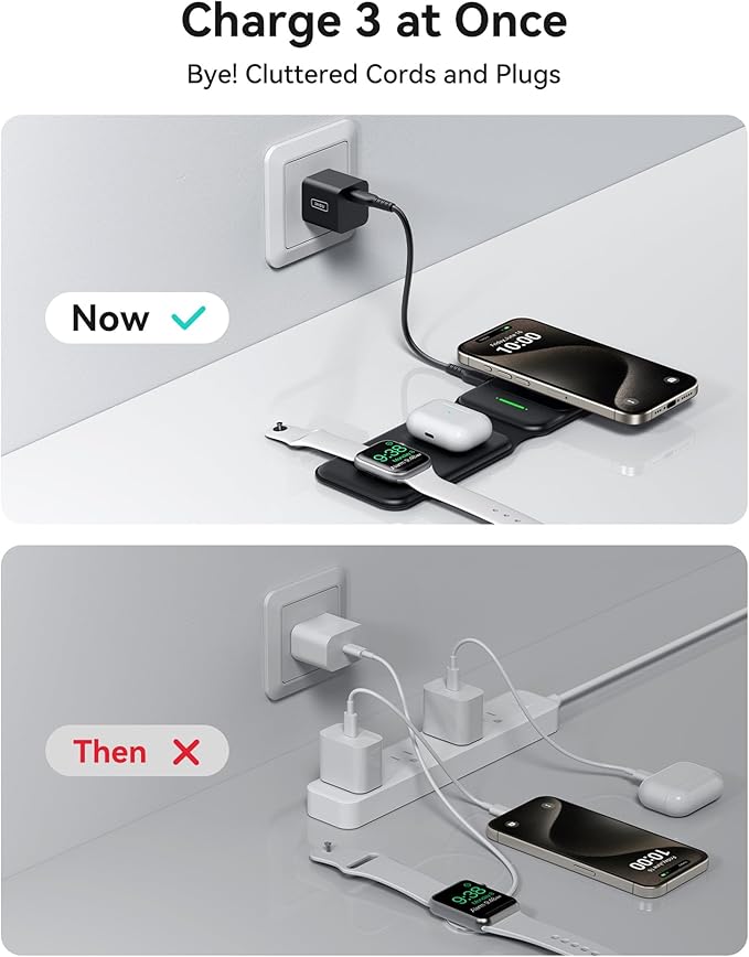 INIU 3 in 1 Charging Station Multiple Devices for Apple, 15W Magnetic Foldable Travel Wireless Charger for iPhone 16 pro max 15 14 13 12 Series, iWatch 10 9 8 SE/Ultra Series, AirPods 4 3 2 pro