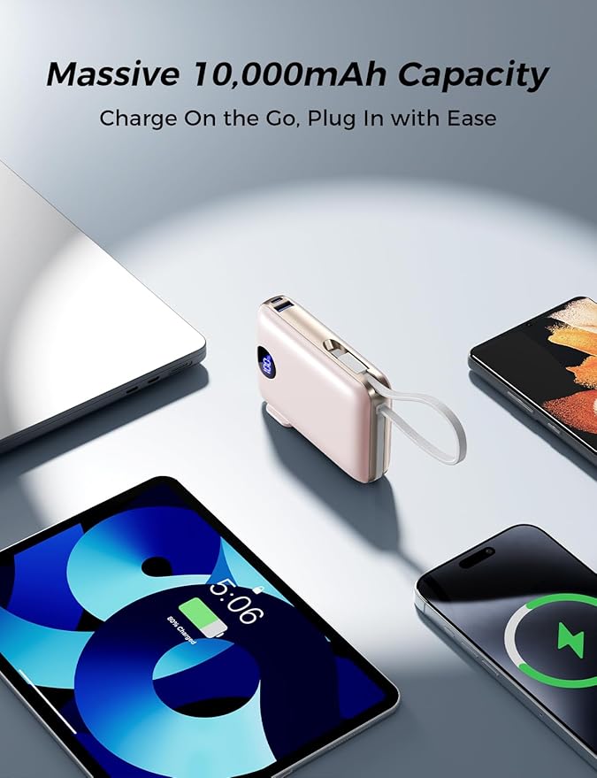 Portable Charger 10000mAh with Built-in Cables and AC Wall Plug, 22.5W Fast Charging Power Bank with LED Display for iPhone 17/16, Samsung, Android Devices, Camping, Road Trips and Travel, Pink