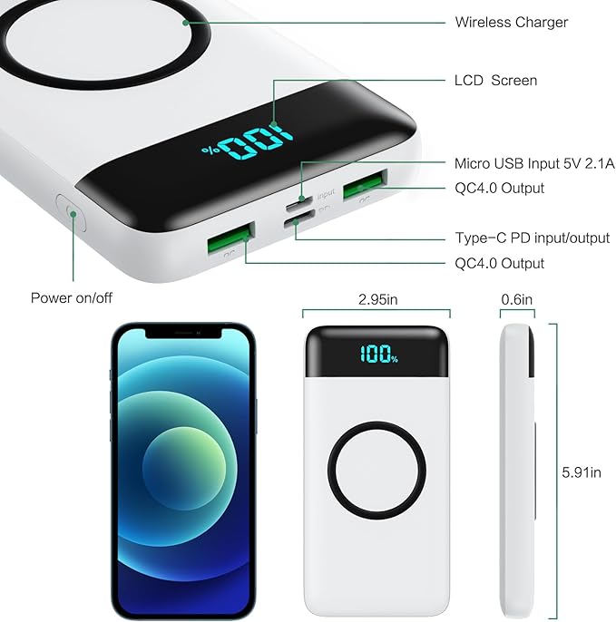 Wireless Portable Charger 30,800mAh 15W Wireless Charging 25W PD QC4.0 Fast Charging Smart LED Display USB-C Power Bank,4 Output& 2 Input External Battery Pack Compatible with iPhone,Samsung etc-White