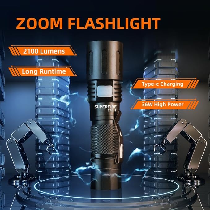 SuperFire Flashlights High Lumens Rechargeable, Powerful LED Pocket Flashlight with Clip, 2100 Lumens Waterproof Tactical Flash Light with Zoomable Focus, 5 Lighting Modes for Camping, Hiking, Working